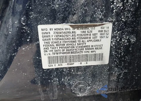 2014 Honda Pilot Ex-L z USA, uszkodzony, nr VIN 5FNYF4H59EB035430